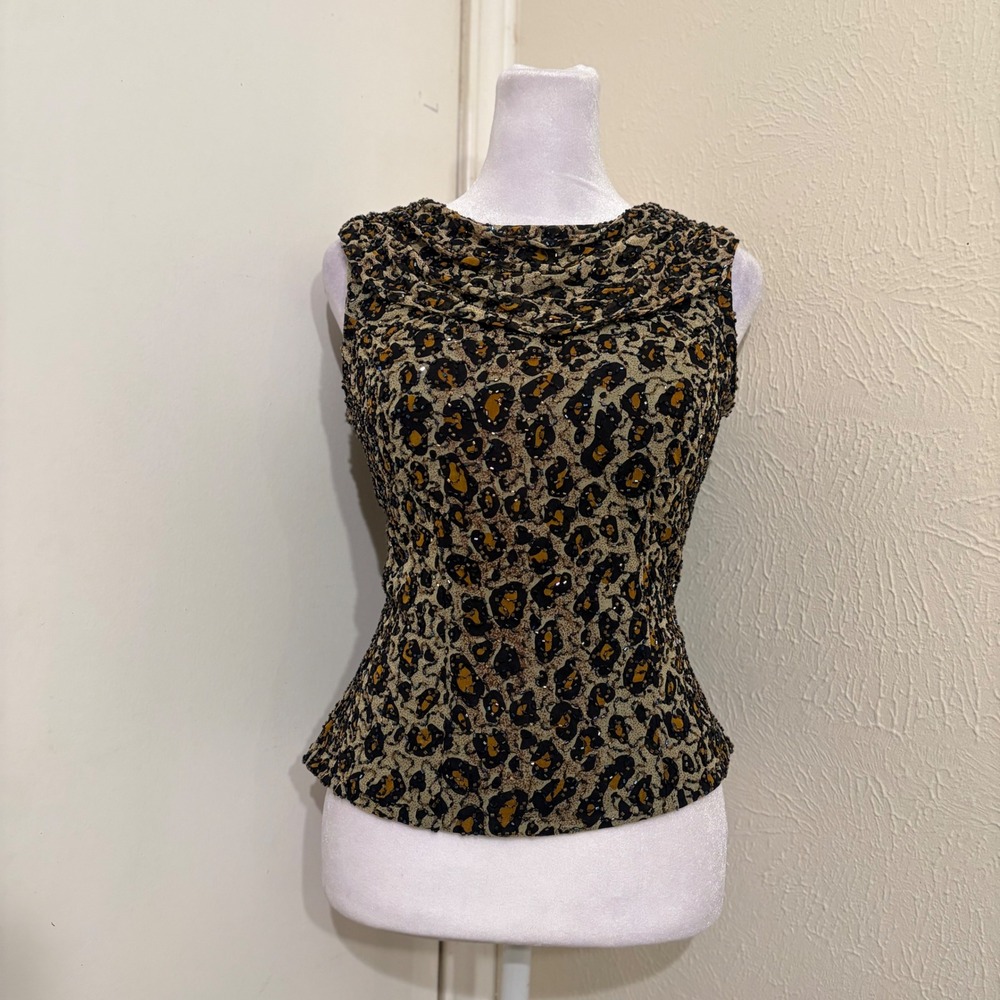 Leopard Print Beaded 100% Silk Cowl Neck Low Back Sleeveless Top Retro Glam Sz S